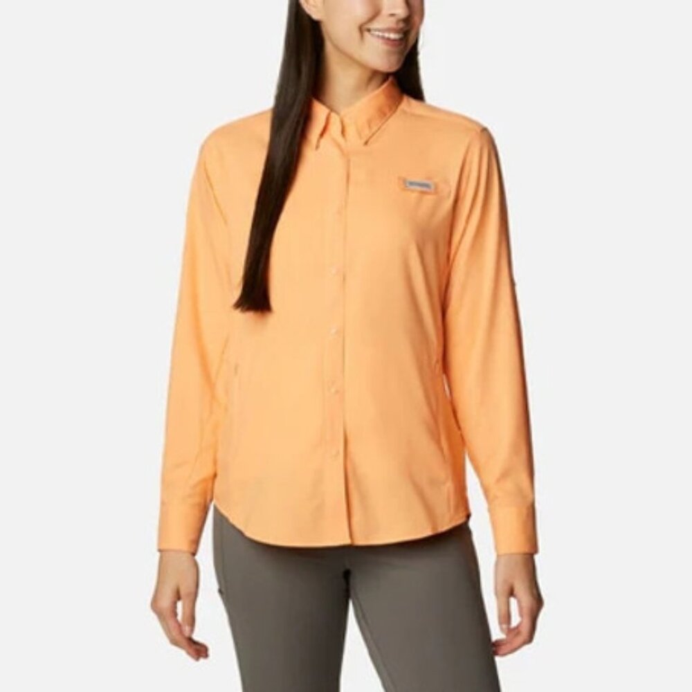 NEW Columbia PFG Tab Sleeve Blouse Top Tangerine Orange Zipper Pockets Sz Large